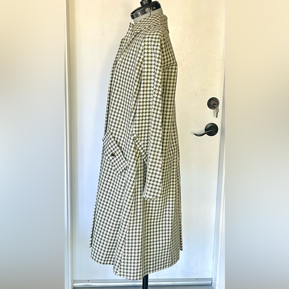 Vintage checkered swingcoat/trench, Drk olive green and white, pockets, GUC - Picture 7 of 13